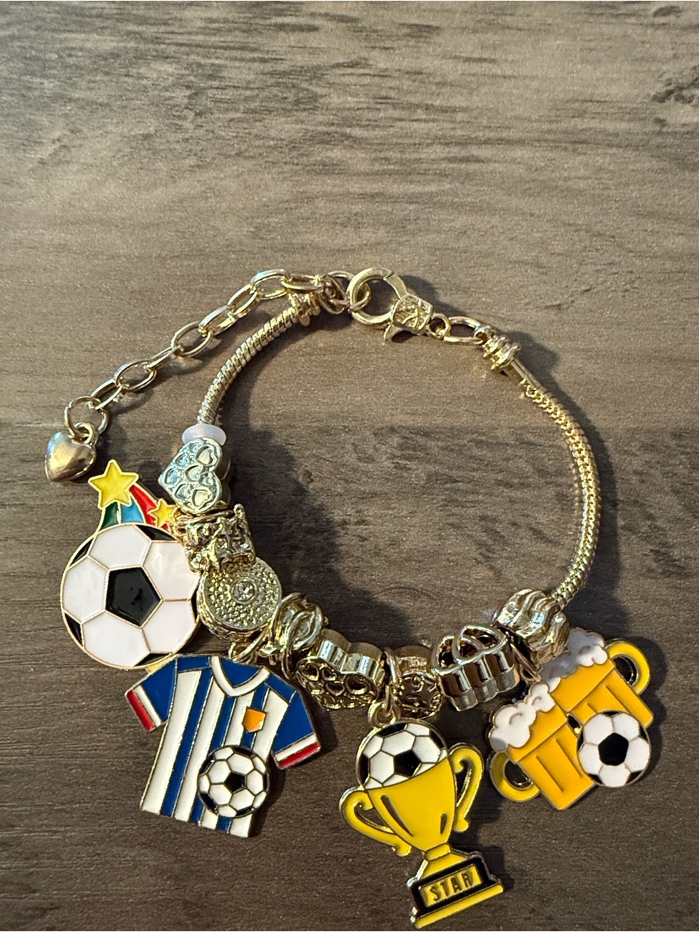 Gold Tone Soccer Charm Bracelet with Trophy, Jersey & Beer Charms